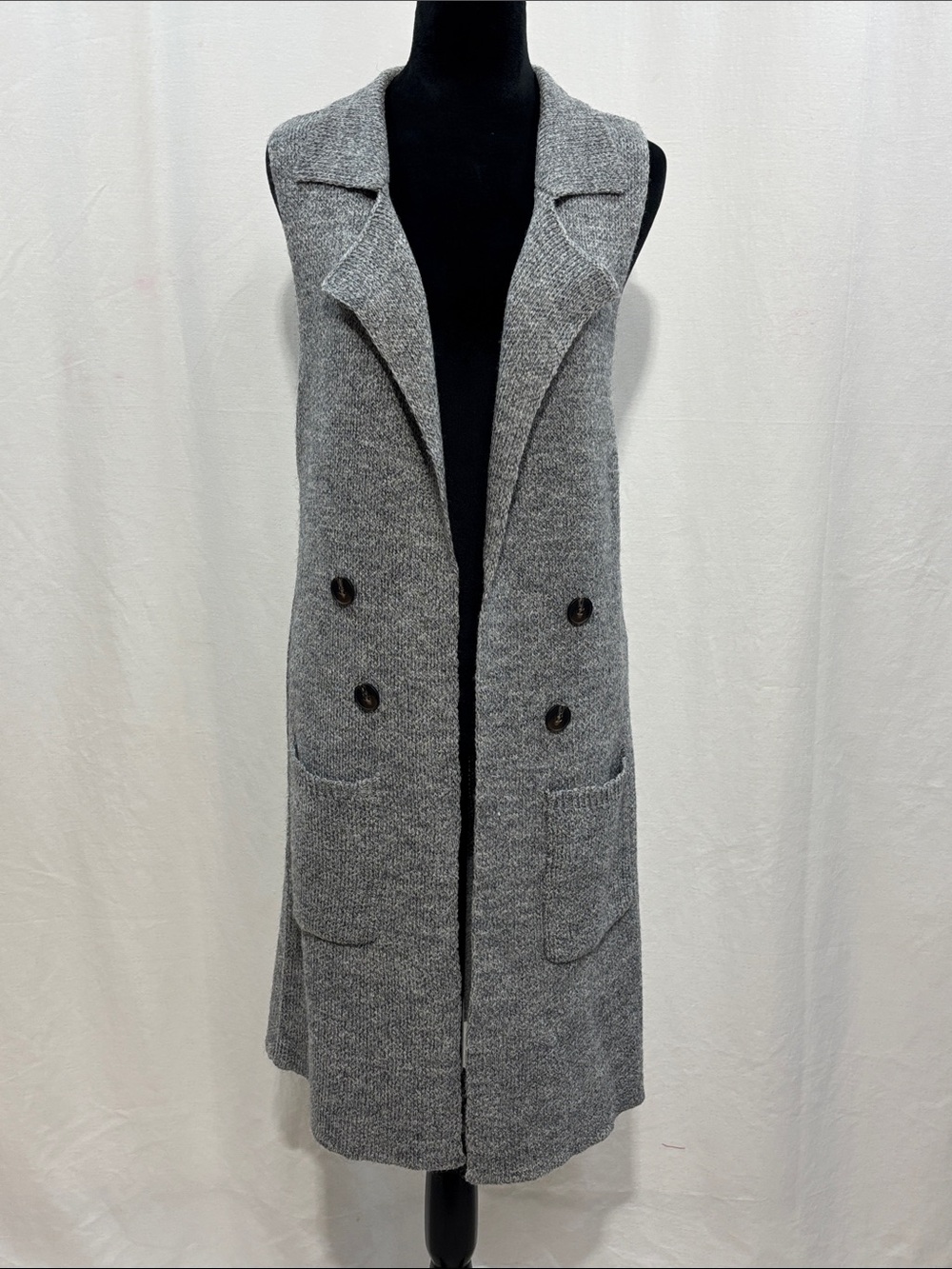 Sleeveless Double-Breasted Knit Vest Duster in Gray 349 cozychic fall layering